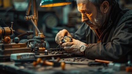 A man is working on a watch, and the image conveys a sense of focus