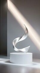 Wall Mural - Abstract Silver Sculpture on White Pedestal with Light.