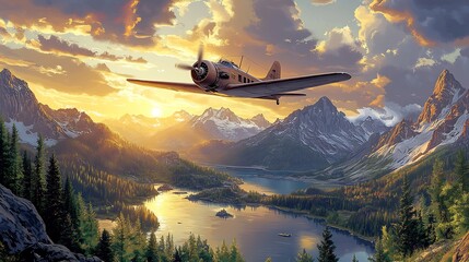 Wall Mural - vector design of a retrostyle travel poster featuring a vintage airplane flying over a scenic landsc