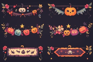 Colorful Halloween-themed banners with pumpkins, skulls, and floral decorations.