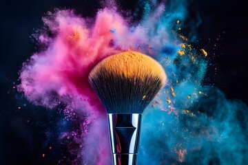 Two Soft cosmetic brushes release a cloud of colored smoke from bright eyeshadow and powder, cosmetics and beauty industry. Bright creative makeup, concept