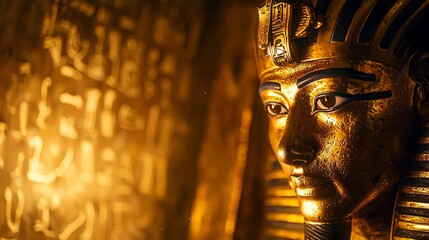 Wall Mural - Close-up of an Egyptian pharaoh's golden mask glowing under torchlight with hieroglyphic inscriptions in the background