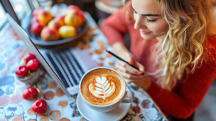 A woman is sitting at a table with a laptop and a cup of coffee