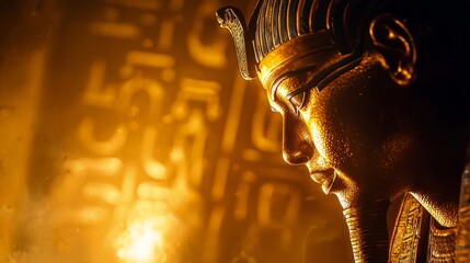 Wall Mural - Close-up of an Egyptian pharaoh's golden mask glowing under torchlight with hieroglyphic inscriptions in the background