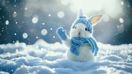 Wall Mural - cute fluffy bunny in knitted hat, scarf and mittens on snow, christmas card