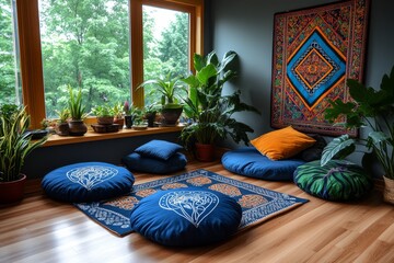 Bohemian living space with floor cushions, vibrant tapestries, and a variety of indoor plants, styled in a cozy, relaxed environment