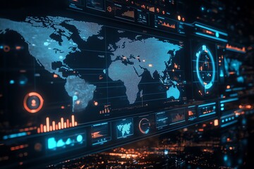 Fototapete - A futuristic digital screen displays a world map, graphs and data.