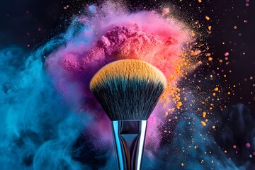 Two Soft cosmetic brushes release a cloud of colored smoke from bright eyeshadow and powder, cosmetics and beauty industry. Bright creative makeup, concept