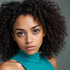 Canvas Print - Close up of woman model, curly hair, smiling looking at camera, beautiful, soft beautiful makeup, full lips, blurred background