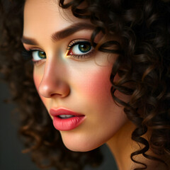 Canvas Print - Close up of woman model, curly hair, smiling looking at camera, beautiful, soft beautiful makeup, full lips, blurred background