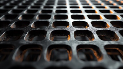 Close-up of a metallic grid surface with intricate square perforations, showcasing texture and industrial design.