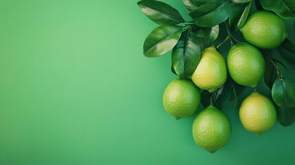 Fresh organic non GMO limes hang from tropical tree, showcasing their vibrant green color against matching background. This image captures essence of natures bounty