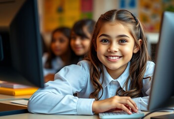 Happy School Girl Using Computer In Classroom