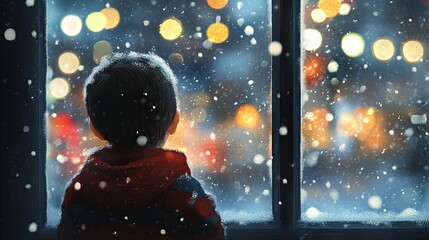 A child gazing out the window on Christmas Eve, watching snow gently fall as Christmas lights reflect on the frosted glass.