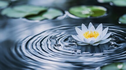 A close-up of a water lily floating on a pond, with ripples gently moving around it.