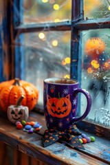 Poster - Halloween purple-orange mug pumpkin candies window.