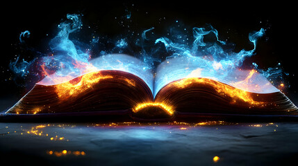 Poster - An open book surrounded by vibrant flames and smoke, symbolizing knowledge and creativity.