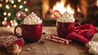 © Pannin - A cozy holiday scene with two mugs of hot chocolate topped with whipped cream and candy canes, placed on a wooden table in front of a fireplace.