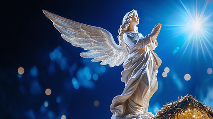 Wall Mural - Christmas angel floating above the manger, with soft, ethereal lighting on a dark blue background