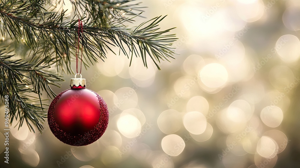 A red Christmas ornament hanging from a pine branch, with ample soft bokeh background space for adding promotional text or greetings.