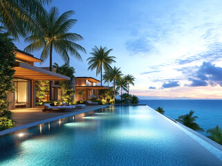 Intricate infinity pool overlooking the ocean, palm trees, and lights at dusk, surrounded by luxury villas with wooden accents