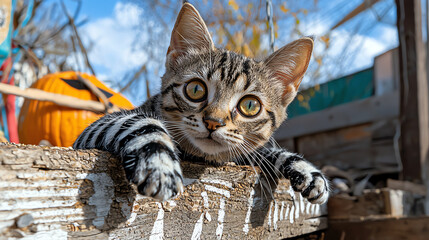 A playful tabby cat peeks over a wooden fence, showcasing its striking stripes and curious expression against a vibrant autumn background.