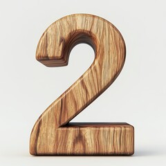 3D number 2 with wooden texture realistic modern design, soft lighting, white background