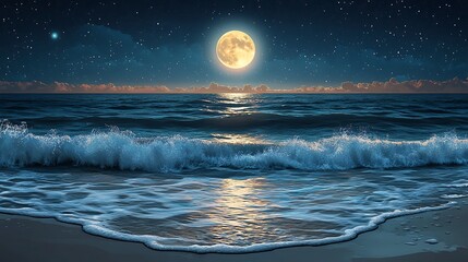 Wall Mural - Vector design of a serene moonlit ocean scene with gentle waves lapping against the shore and a glowing full moon reflecting on the water's surface