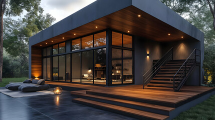 Poster - Modern architecture featuring a sleek house with large windows and wooden accents.