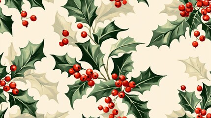 A seamless repeating pattern of red and green holly leaves and berries on a pale background, creating a festive holiday vibe.