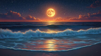 Wall Mural - Vector design of a serene moonlit ocean scene with gentle waves lapping against the shore and a glowing full moon reflecting on the water's surface