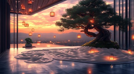 Canvas Print - vector design of a serene japanese zen garden with a large bonsai tree raked sand patterns and float