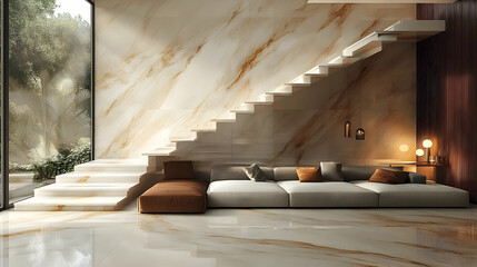 Wall Mural - Modern interior design featuring a staircase and a cozy seating area with marble accents.