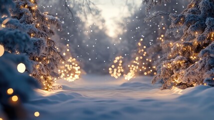 A snowy forest scene with twinkling Christmas lights in the distance, leaving plenty of sky space for inserting holiday messages or text.