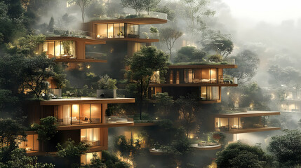 Sticker - Modern multi-level homes integrated into a lush forest landscape.