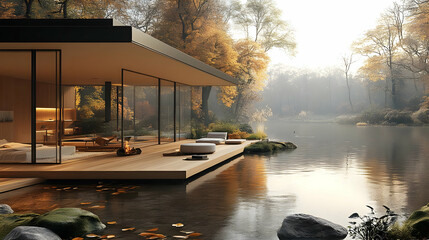 Sticker - Serene lakeside retreat surrounded by autumn foliage, blending nature and modern architecture.