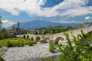 Gobbo Bridge also Devil Bridge or Ponte del Diavolo or Ponte Gobbo in Bobbio, Piacenza province, Trebbia Valley, Emilia Romagna, Italy