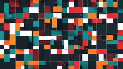 Abstract composition of colorful geometric shapes arranged in a dynamic pattern.