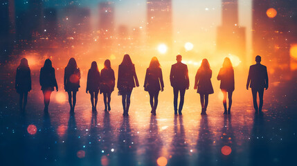 Sticker - Silhouette of a group of people walking towards a glowing cityscape at sunset.