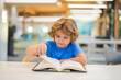 © Volodymyr - Kid reading book. Child reading book in a public library. Kids early learning and education concept.