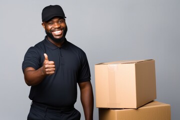 Poster - Delivery man pointing box cardboard portrait.