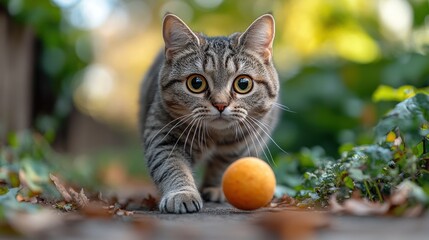 Wall Mural - A playful cat approaches an orange ball in a vibrant outdoor setting.