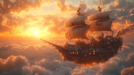Canvas Print - vector design of a steampunk airship flying through the clouds with intricate detailing on the ships