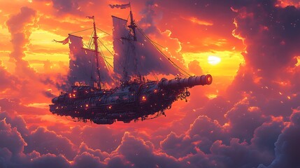 Wall Mural - Vector design of a steampunk airship flying through the clouds with intricate detailing on the ships sails gears and pipes set against a glowing sunset