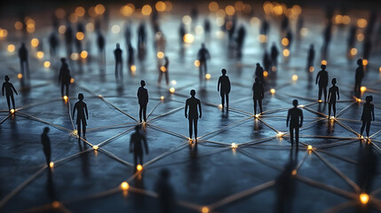 Wall Mural - Silhouettes of people interconnected by glowing lines on a dark surface, symbolizing networking.