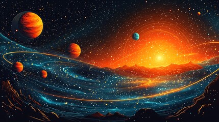 Canvas Print - Vector design of a stylized abstract solar system with planets and orbits rendered in bold vibrant colors and dynamic lines creating a sense of cosmic energy