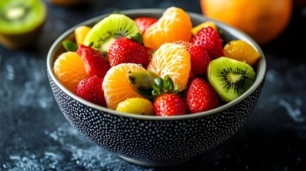 A striking stock photo of a bowl filled with an assortment of brightly colored fruits, including oranges, strawberries, and kiwi.