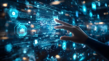 Canvas Print - A futuristic stock photo showing a human hand interacting with a virtual interface, with digital icons and data streams floating around.