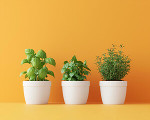 Fresh basil, mint, and thyme plants in white pots against vibrant orange background create lively and inviting atmosphere. Perfect for an organic herb garden!