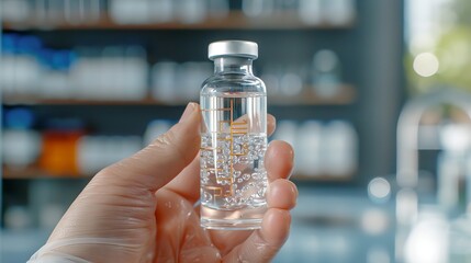 Doctor holding a drug vial with clear liquid  a symbol of vaccination and medicine preparedness